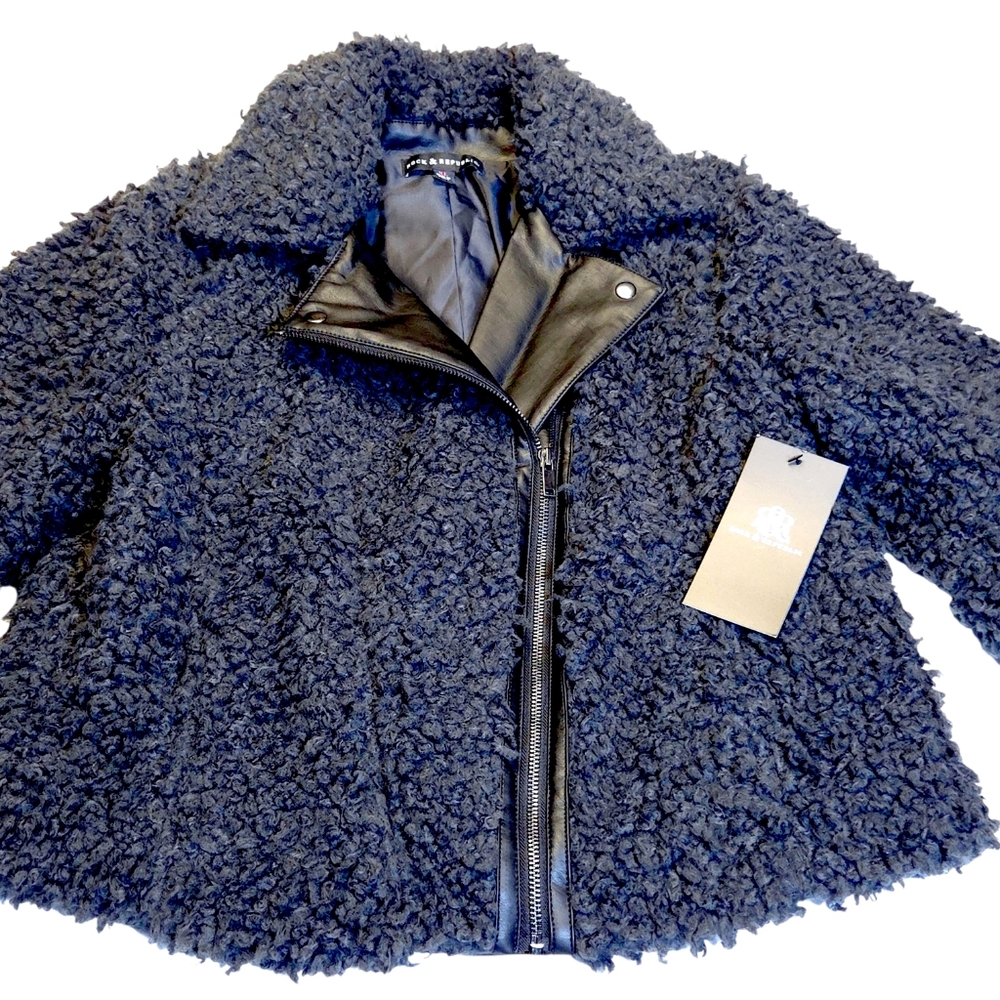Rock & Republic Faux Sherpa Jacket Black Faux Leather Moto Teddy XL NWT - Picture 9 of 12